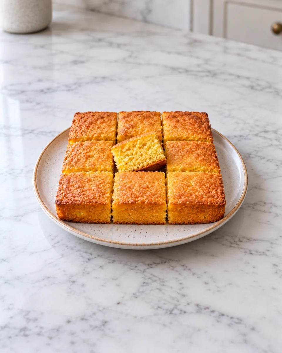 KI-generierte Rezeptdarstellung: Goldgelbes Cornbread in neun gleich großen Stücken mit sichtbarer feinkörniger Maisgrießkrume.