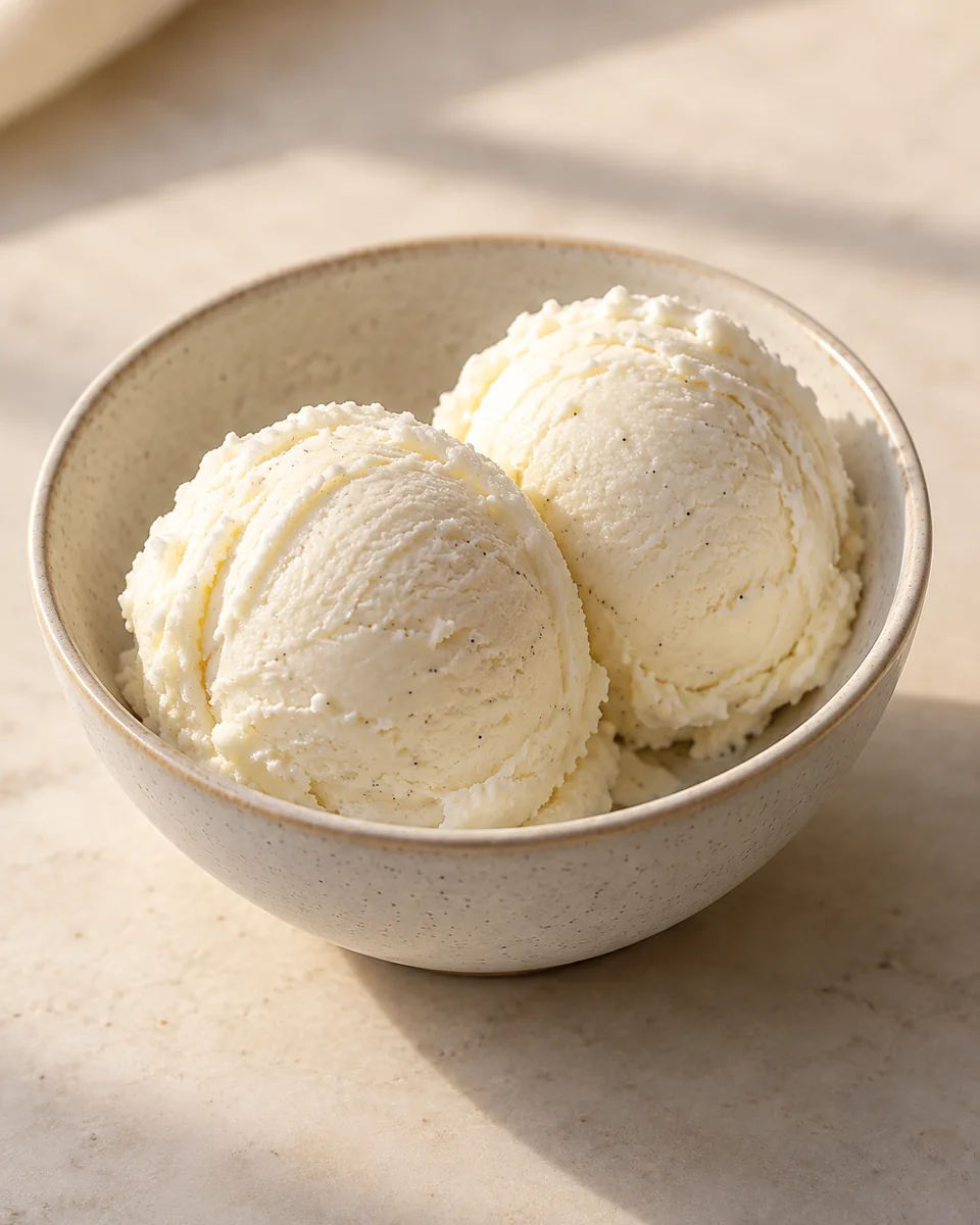 Vanille-Skyr-Eis in einer kleinen Dessertschale angerichtet