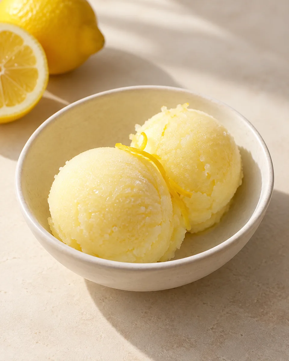 Zitronen-Sorbet in einer kleinen Dessertschale angerichtet
