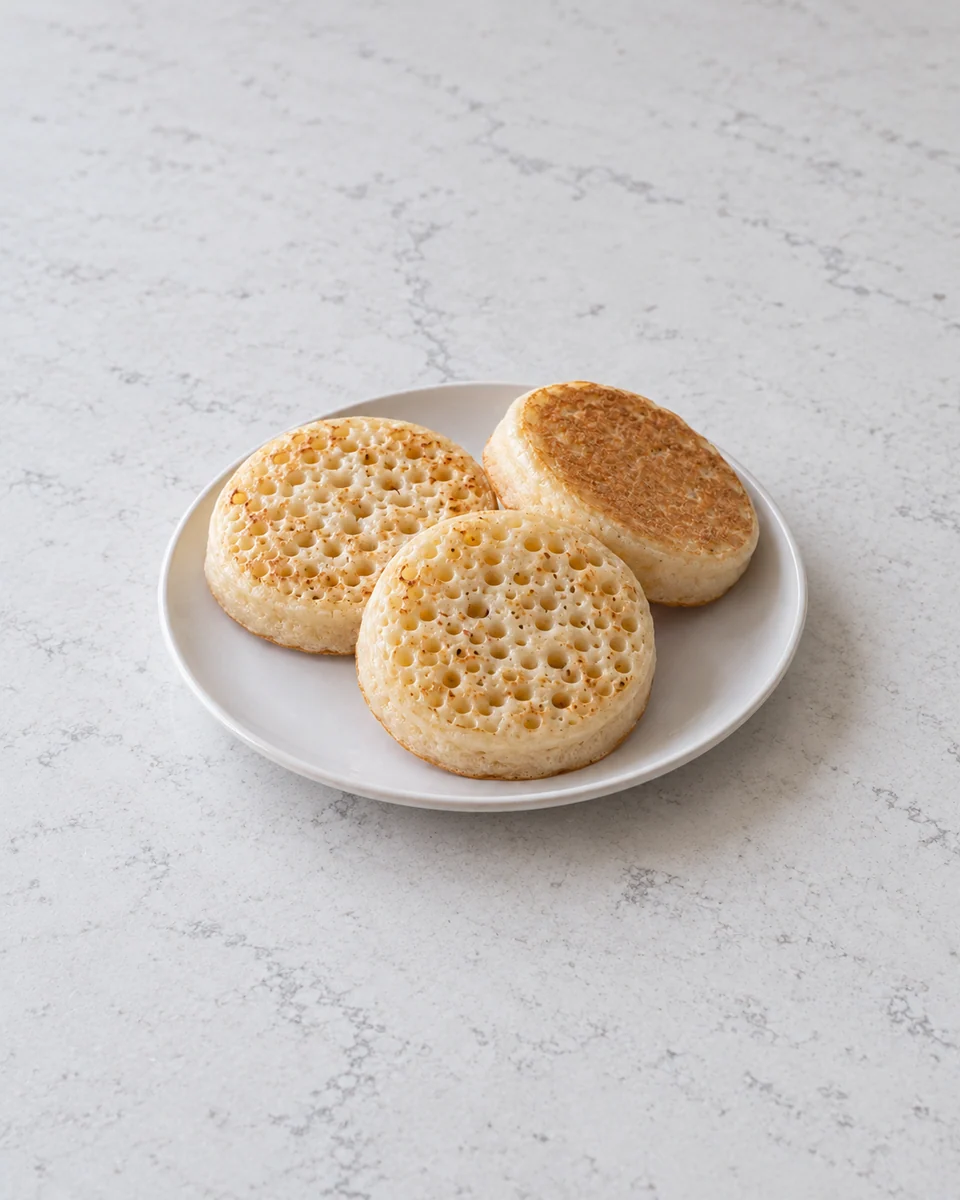 Kleine Crumpets mit offener Lochstruktur und goldbraunem Boden auf einem hellen Teller