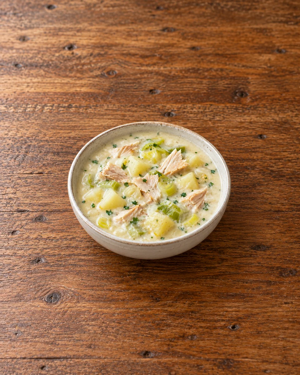 KI-generierte Rezeptdarstellung: Eine Schale cremige milchweiße Kartoffel-Lauchsuppe mit flockigen geräucherten Forellenstücken und wenig Petersilie; Kartoffelstücke bleiben sichtbar, keine Broteinlage oder Sahnedekoration.