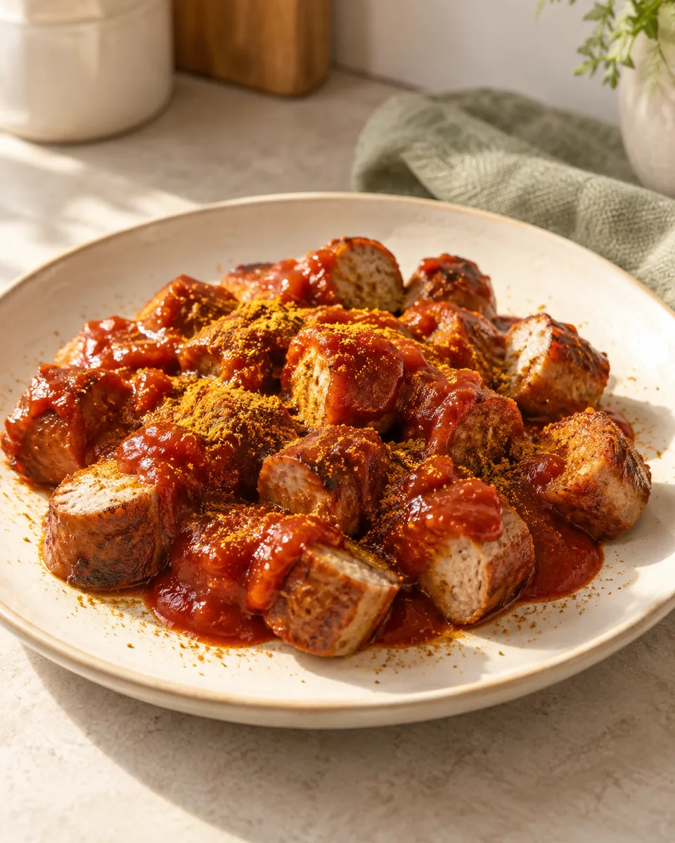 Currywurst mit selbstgemachter Tomaten-Currysauce – appetitlich angerichtete Rezeptillustration
