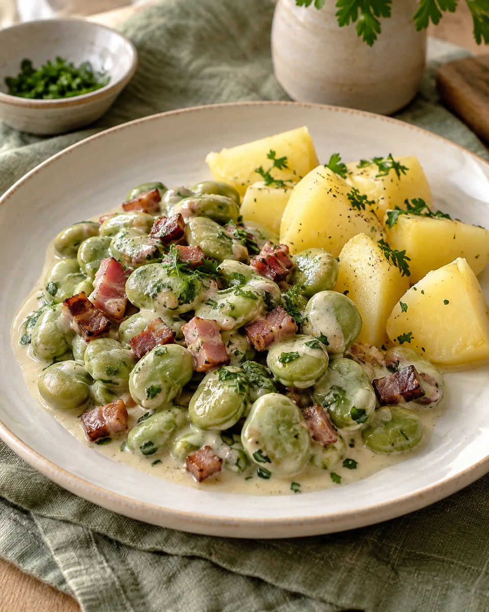 Dicke Bohnen mit Speck und Kartoffeln – KI-generierte Rezeptillustration