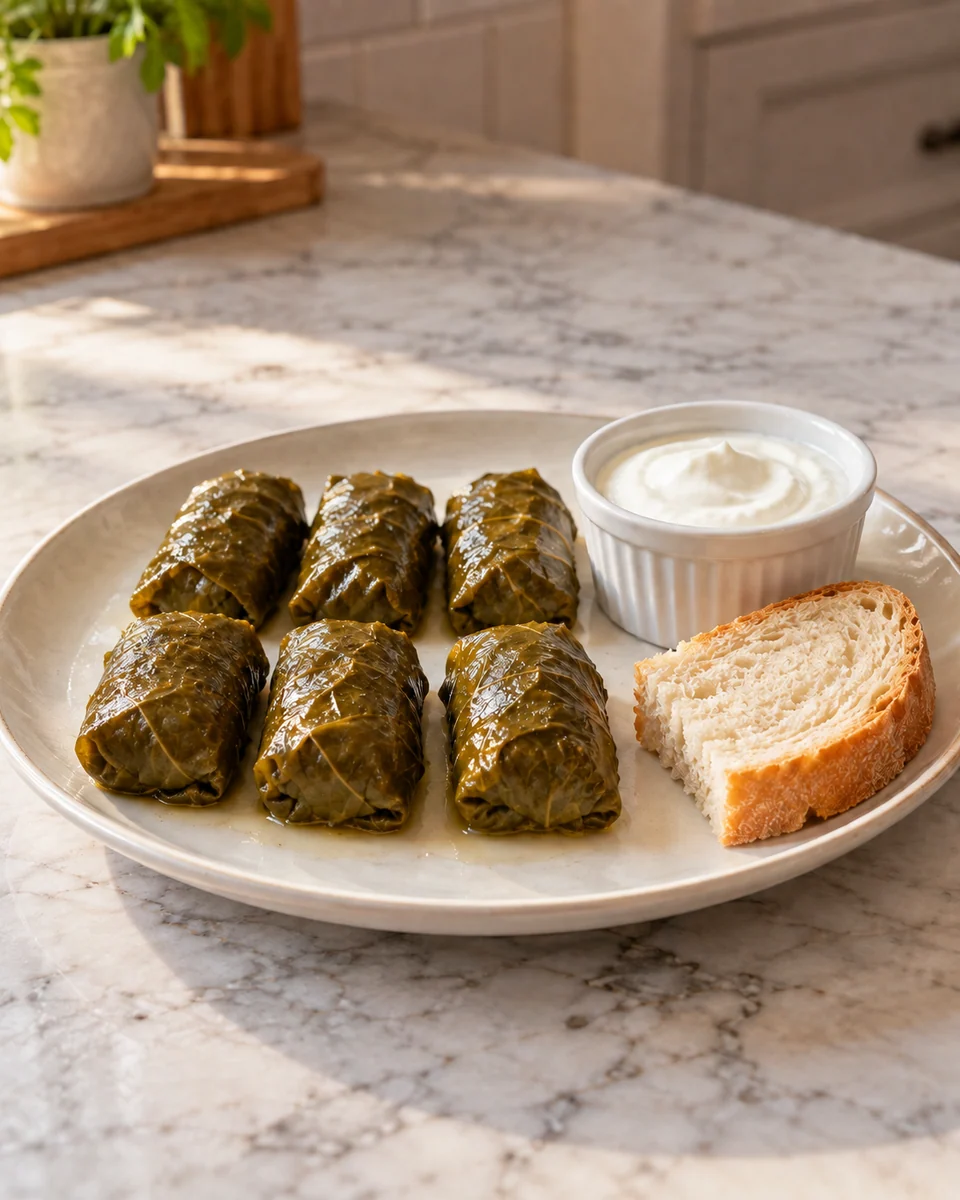 KI-generierte Rezeptdarstellung: Sechs weiche gefüllte Weinblattrollen mit Reis und Kräutern, daneben Naturjoghurt und Weißbrot.