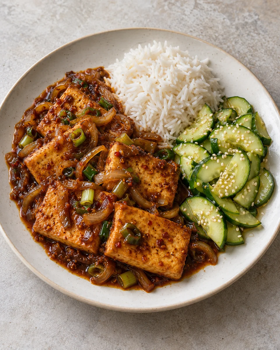 KI-generierte Darstellung: Goldbraune Tofuscheiben in Soja-Chili-Sauce mit Zwiebeln und Frühlingszwiebeln neben weißem Reis und Gurken-Sesam-Salat auf einem Teller