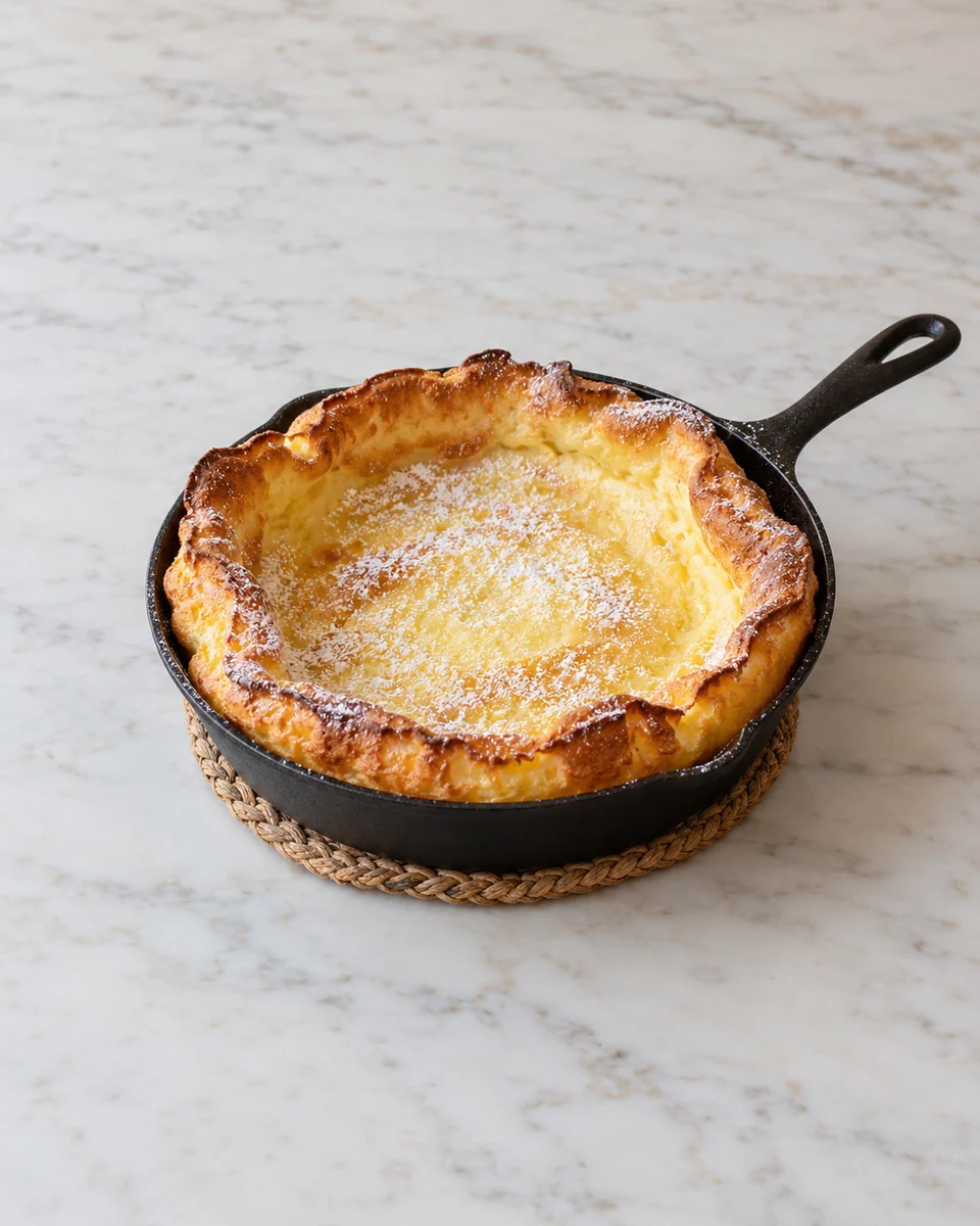 Dutch Baby in einer Ofenpfanne mit hohen goldenen Rändern und leichtem Puderzucker