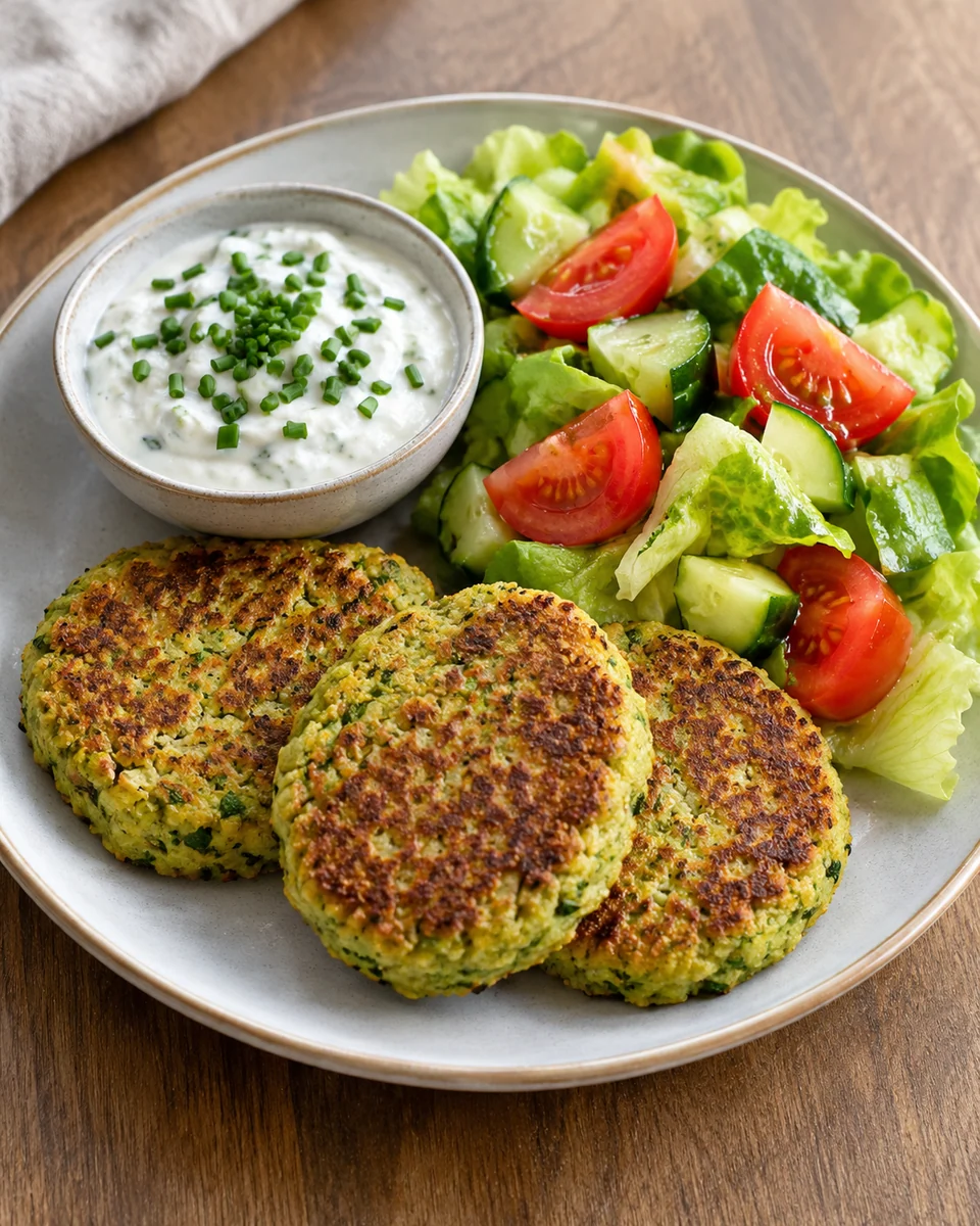KI-generierte Darstellung: Drei flache grüne Edamame-Bratlinge mit Kräuter-Skyr und frischem Tomaten-Gurken-Blattsalat.