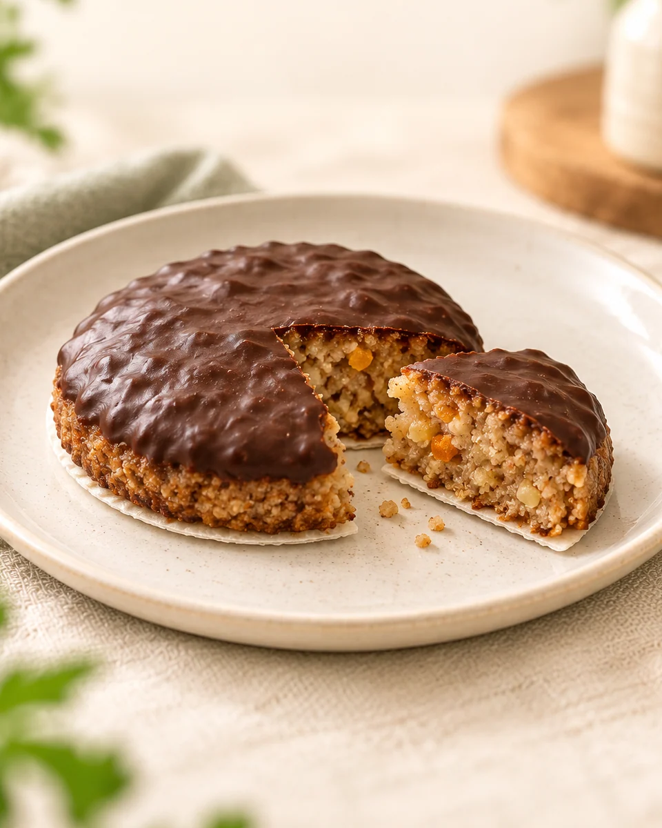 KI-generierte Darstellung weicher Elisenlebkuchen auf runden Oblaten mit dünnem dunklem Schokoladenüberzug.
