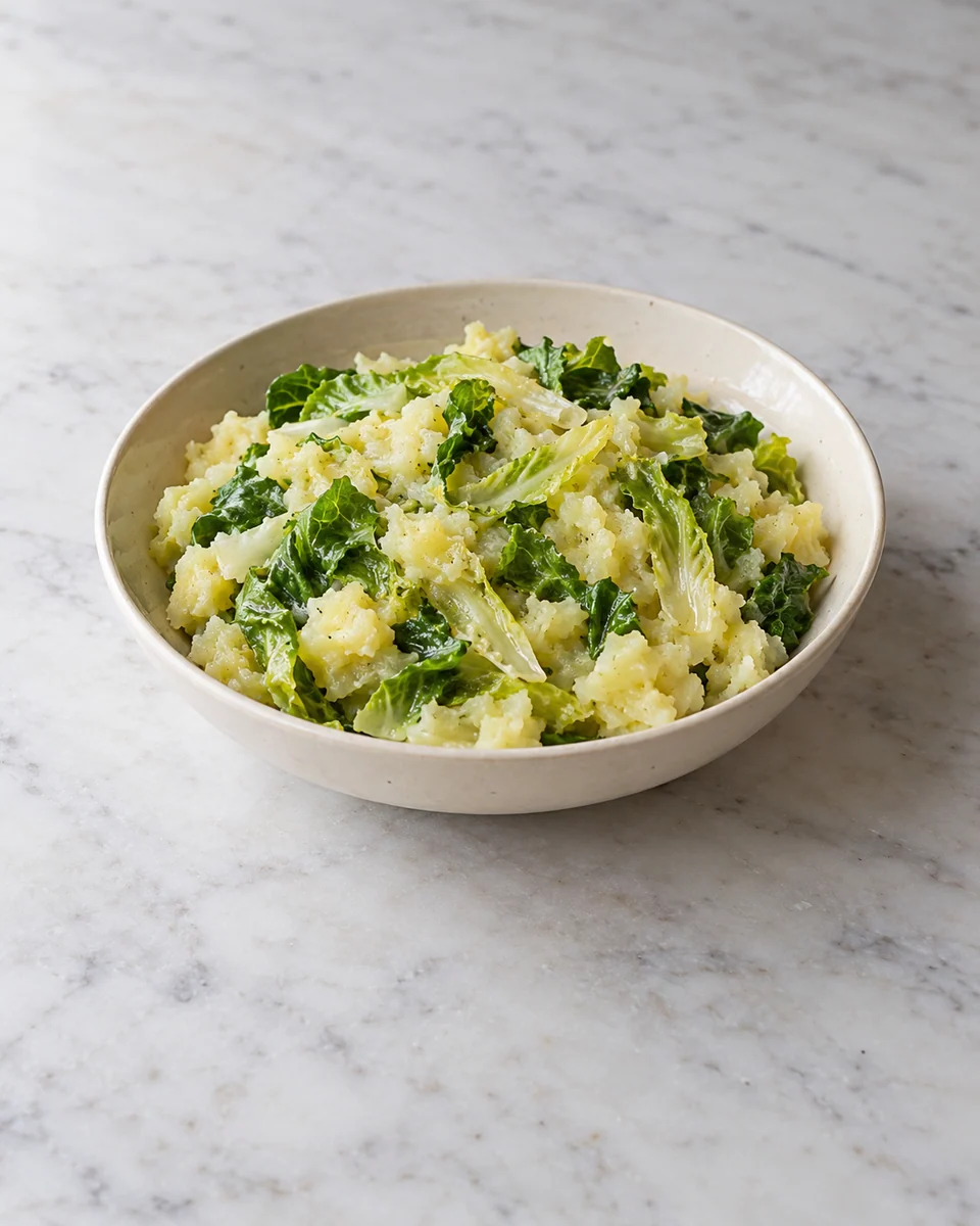 KI-generierte Rezeptdarstellung: Grober Kartoffelstampf mit sichtbaren rohen Endivienstreifen und Senf-Apfelessig-Marinade in einer flachen Schüssel.