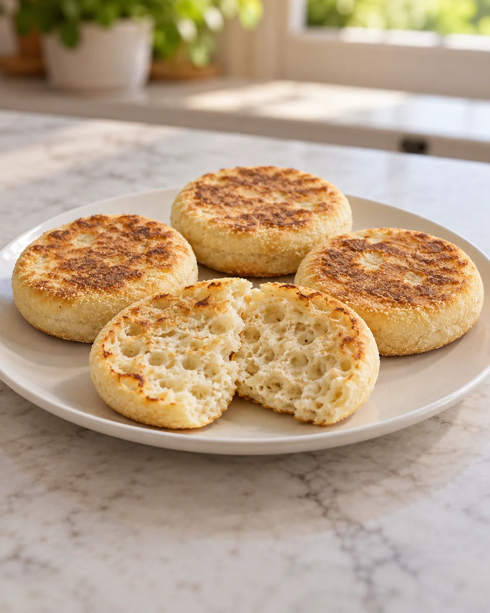 KI-generierte Darstellung: goldbraune flache English Muffins mit grobporiger Hefekrume