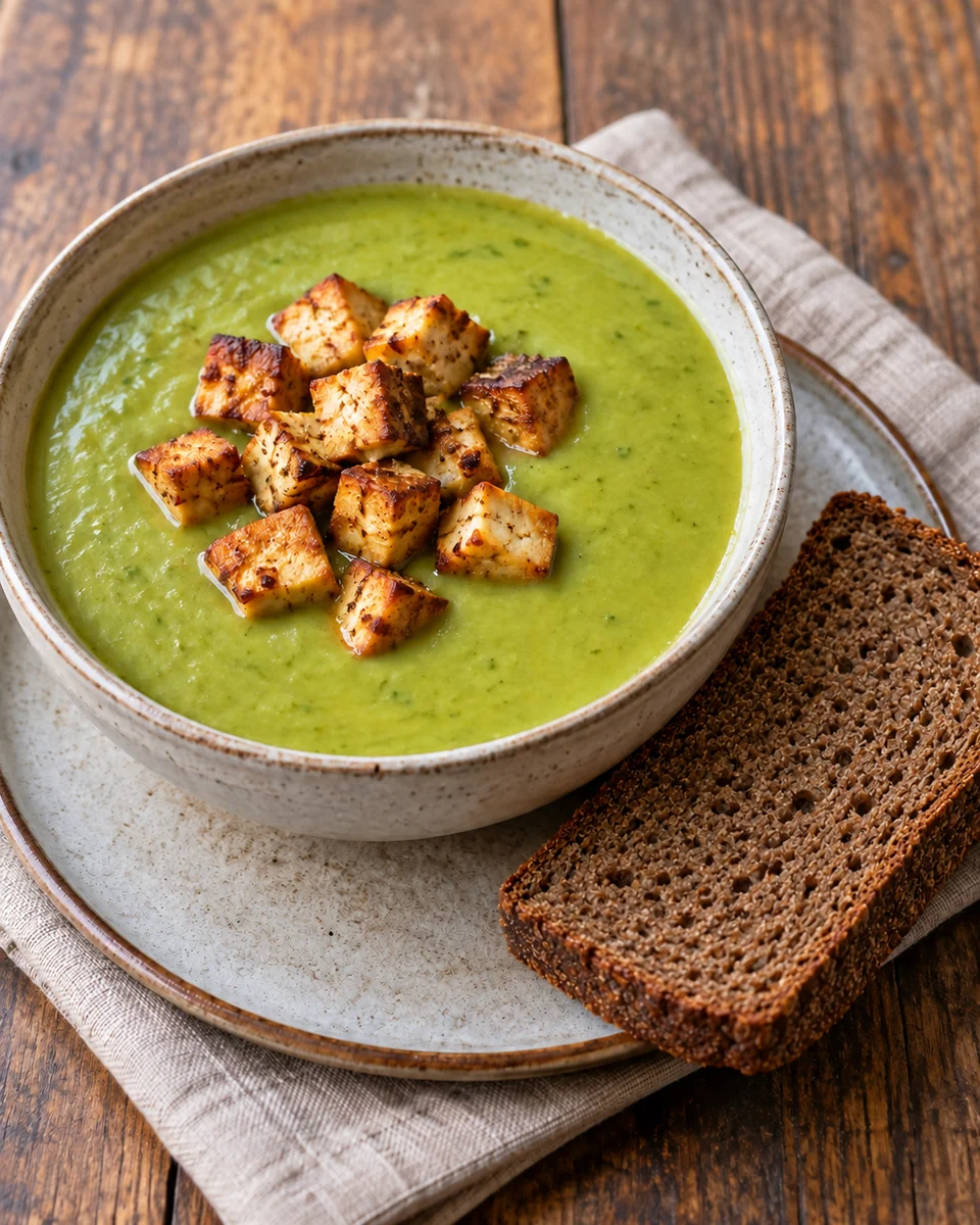 KI-generierte Darstellung: Cremige grüne Erbsensuppe mit gebräunten Räuchertofuwürfeln und einer Scheibe Roggenvollkornbrot.