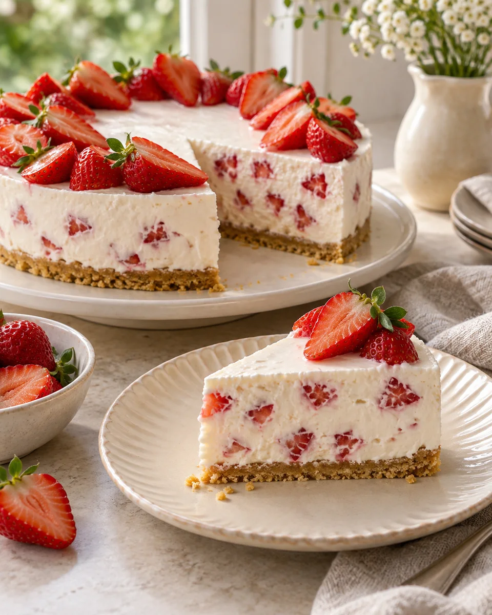 Erdbeer-Quark-Kuchen ohne Backen, als fertiges Gericht angerichtet. KI-generierte Rezeptillustration.