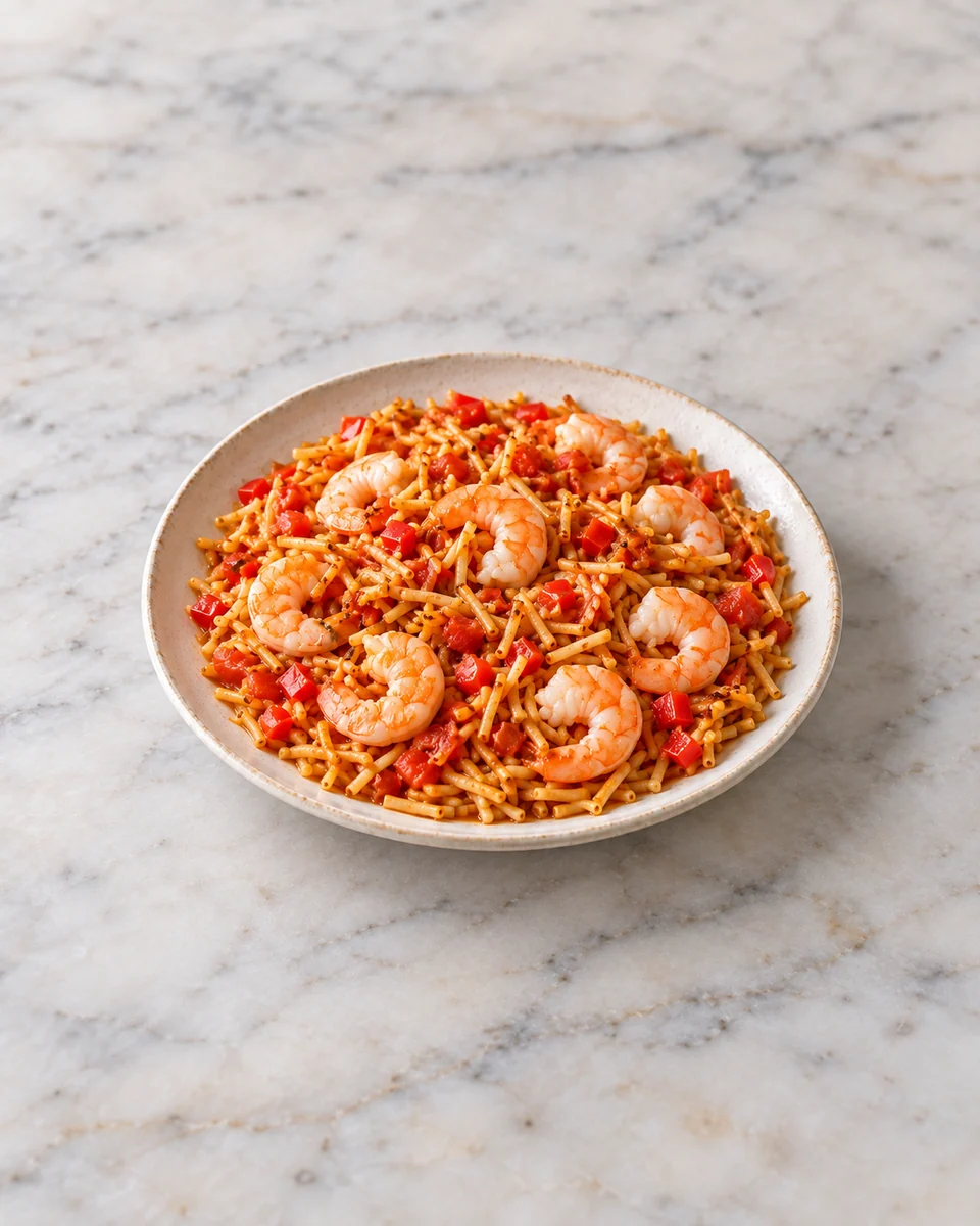 KI-generierte Rezeptdarstellung: Fideuà mit kurzen Nudeln, rosa Garnelen, roter Paprika und Tomate auf einem hellen Teller.