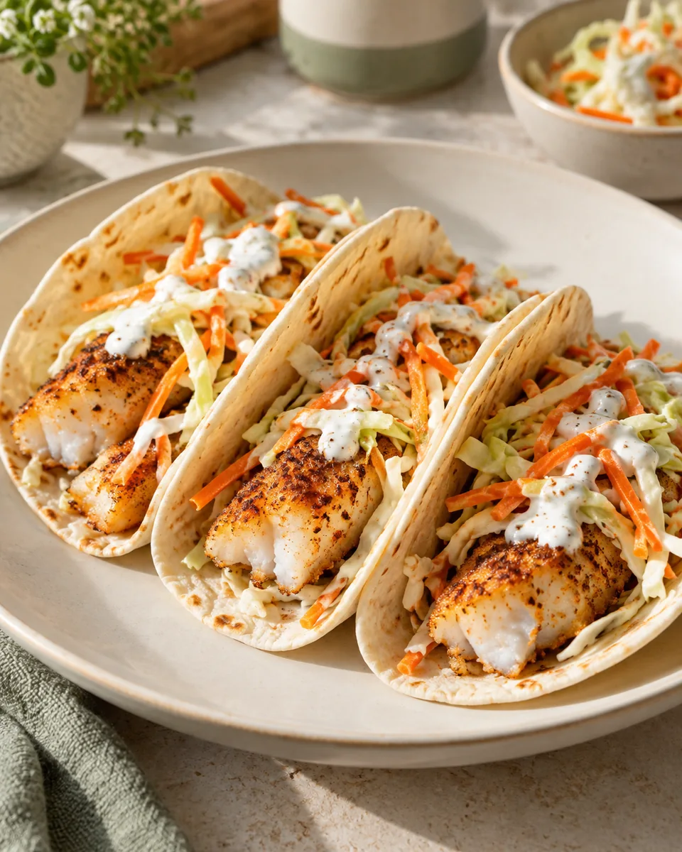 Fisch-Tacos mit Limetten-Krautsalat – KI-generierte Rezeptillustration