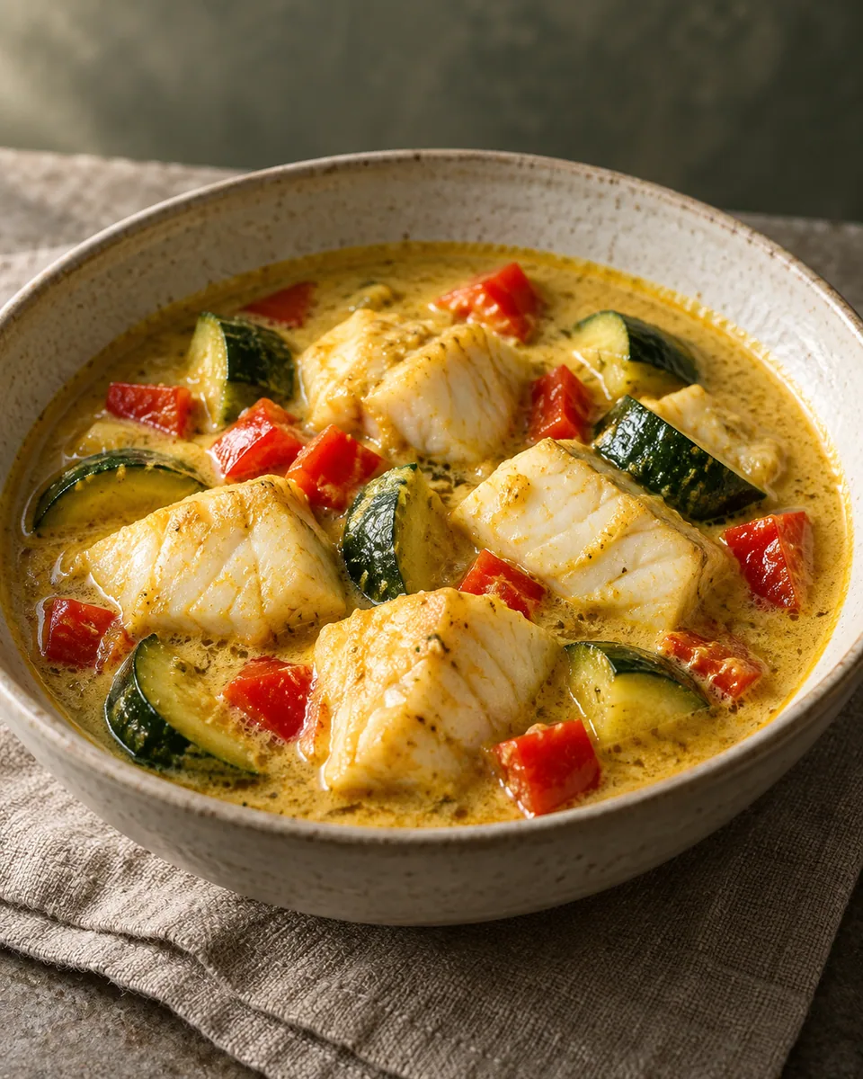 Kokoscurry mit weißen Fischwürfeln, grüner Zucchini und roter Paprika