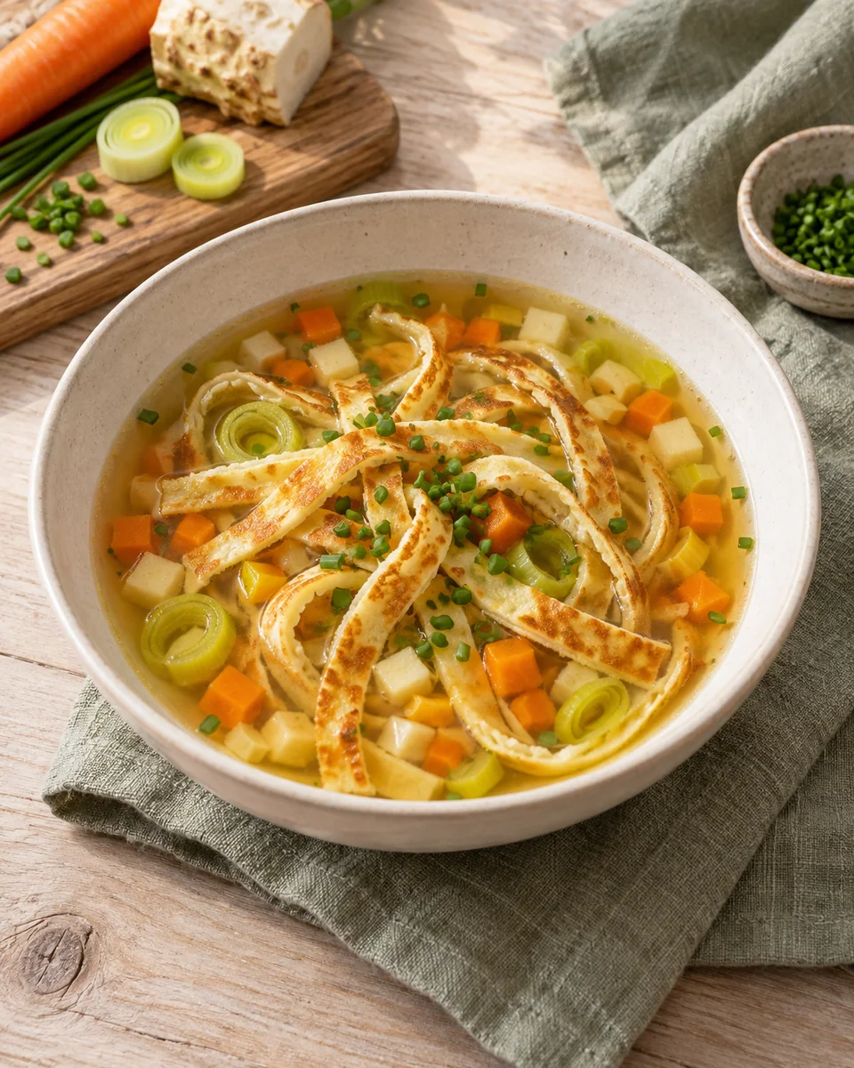 Flädlesuppe mit selbst gemachten Pfannkuchen – KI-generierte Rezeptillustration