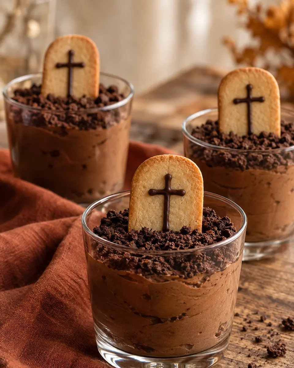 Dessertgläser mit brauner Schokocreme, dunkler Keksbrösel-Erde und kleinen Keksgrabsteinen