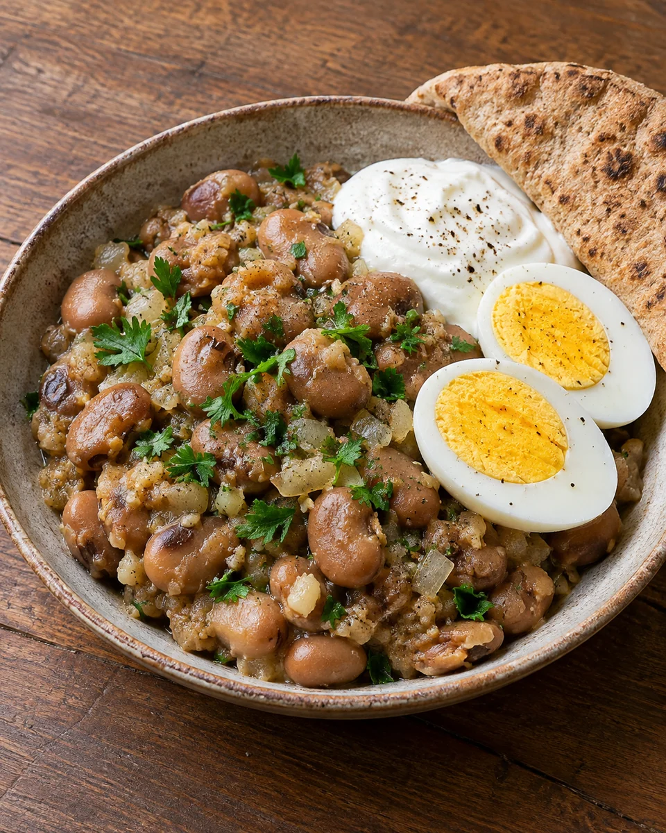 KI-generierte Rezeptillustration: grob zerdrückte braun-beige reife Favabohnen mit Petersilie, hart gekochtem Ei, Naturjoghurt und kleinem Vollkornfladen.