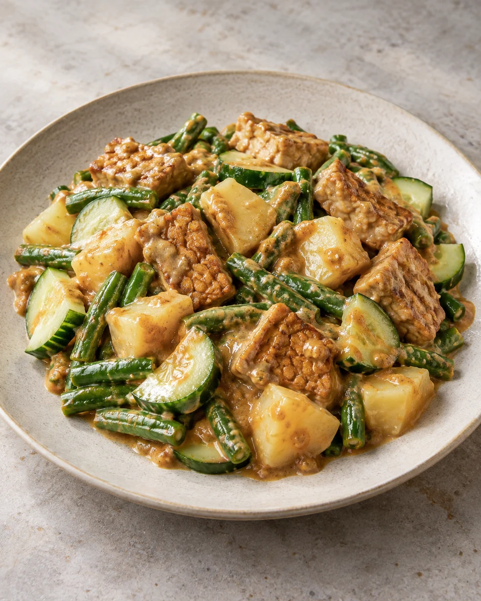 KI-generierte Darstellung: Goldbraune Tempehstücke mit Kartoffelwürfeln, gegarten grünen Bohnen, Gurkenscheiben und Erdnusssauce auf einem Teller