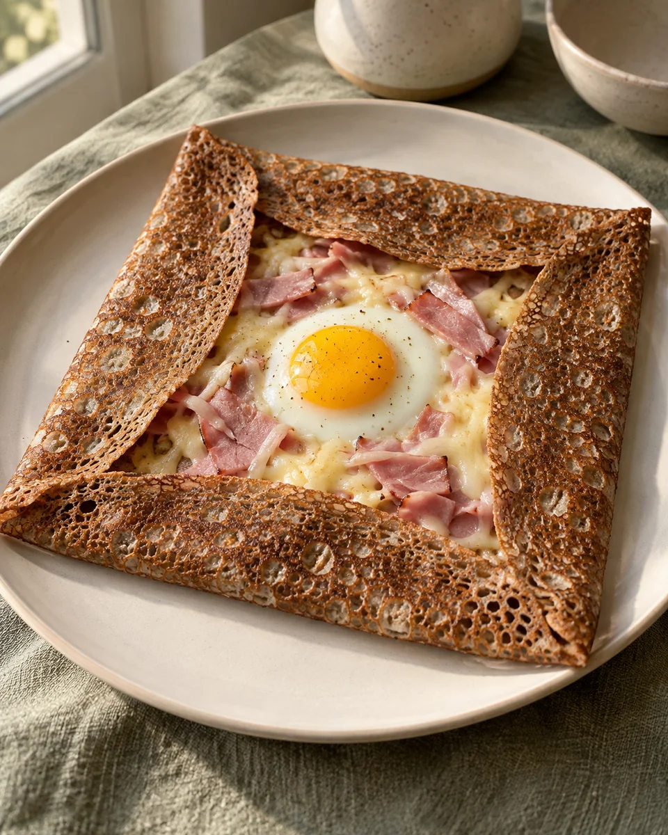 Buchweizen-Galettes mit Schinken, Käse und Ei – KI-generierte Rezeptillustration
