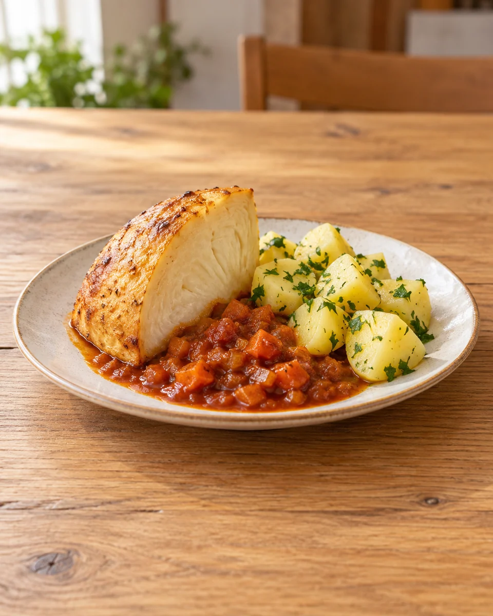 KI-generierte Rezeptdarstellung: Ein Viertel weich gebackener Knollensellerie mit Petersilienkartoffeln und stückiger Gemüse-Bratensauce.