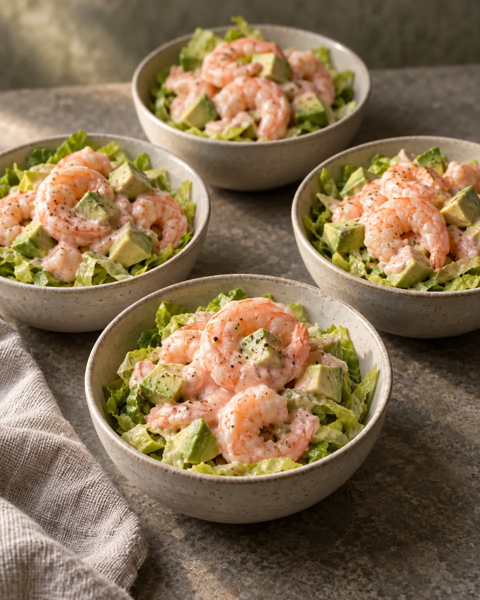 Garnelencocktail mit Avocadowürfeln und rosafarbener Sauce auf fein geschnittenem Salat