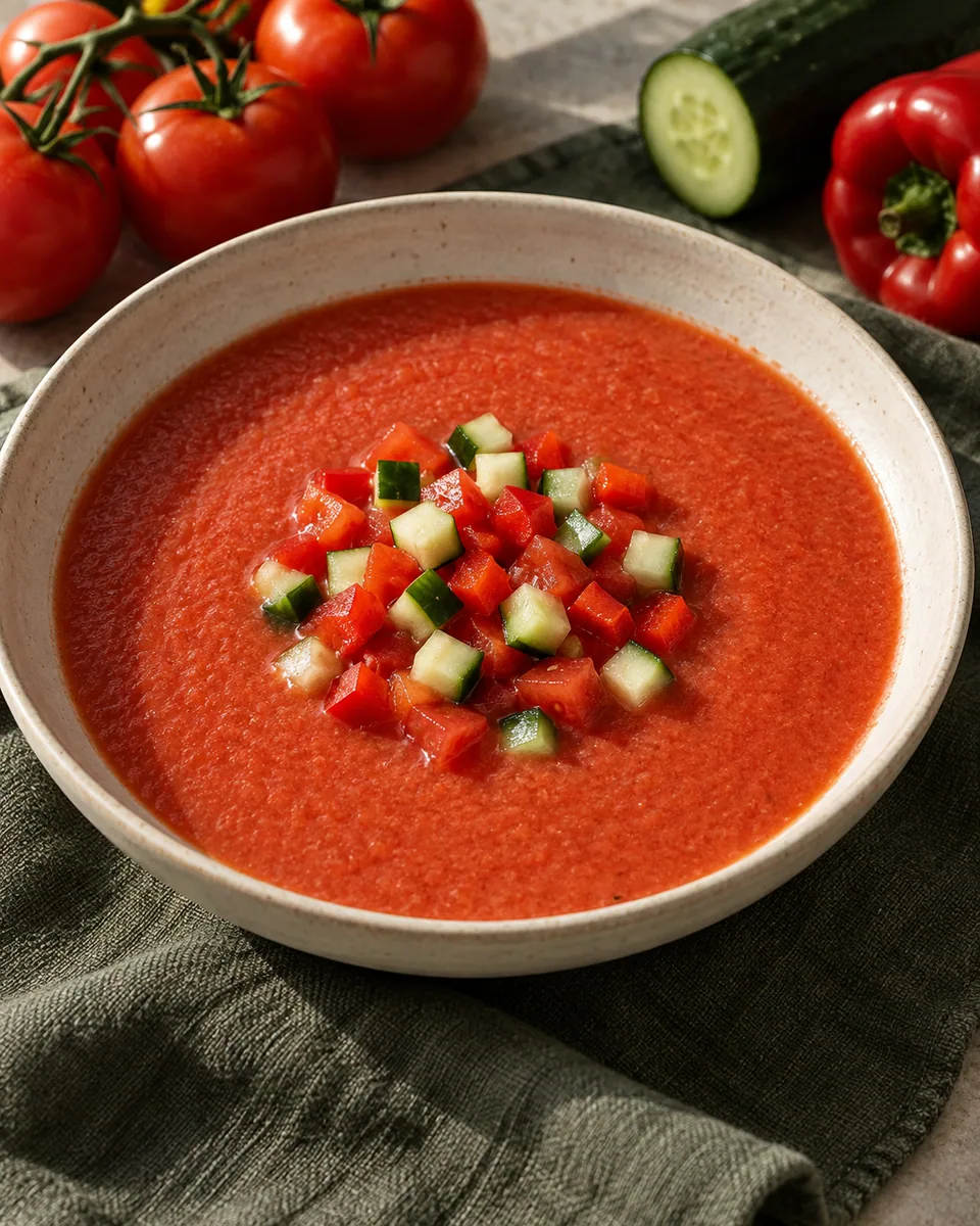 Kalte rote Gazpacho mit kleinen Tomaten-, Gurken- und Paprikawürfeln