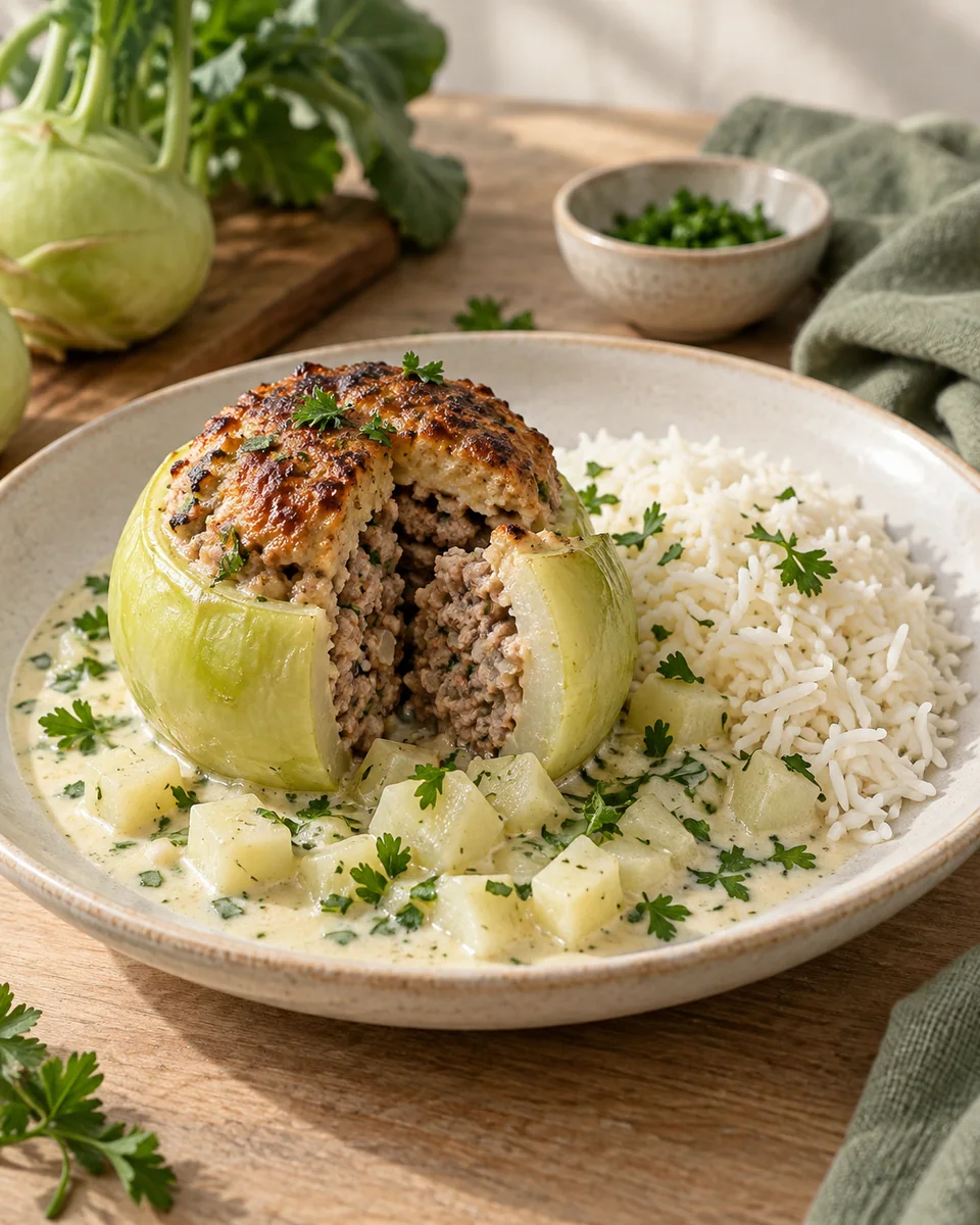 Gefüllte Kohlrabi mit Hackfleisch und Reis – KI-generierte Rezeptillustration