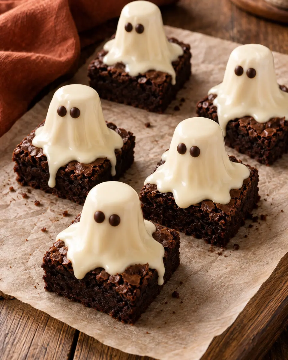 Schokobrownies mit weißen Marshmallow-Geistern und kleinen dunklen Gesichtern