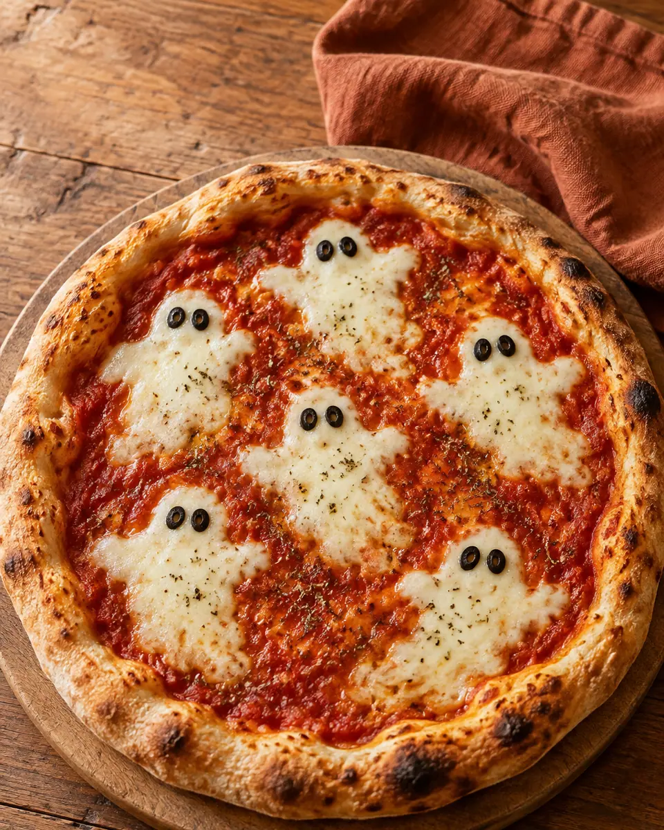 Runde Tomatenpizza mit sechs weißen Mozzarella-Geistern und schwarzen Olivenaugen