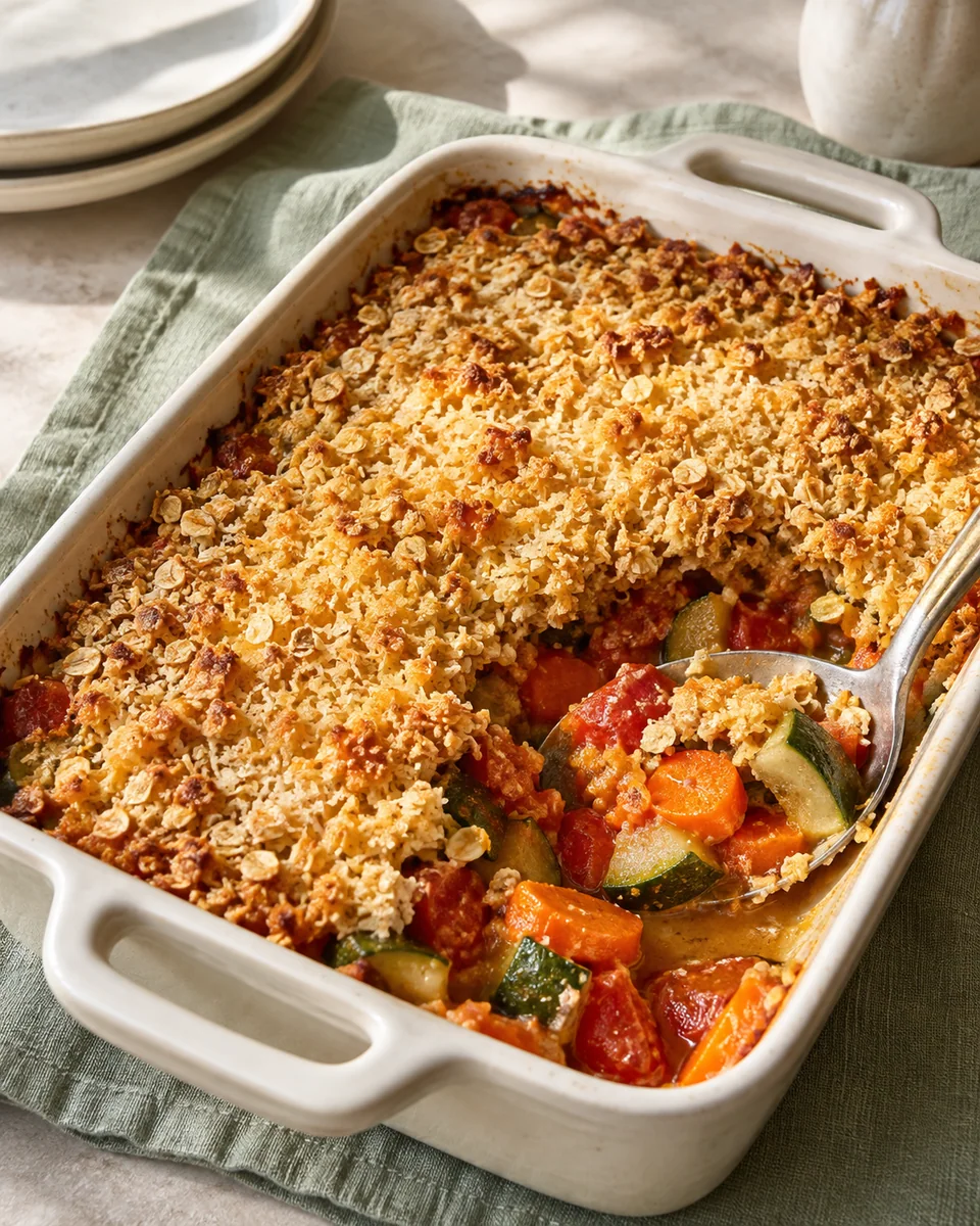 Herzhafter Gemüse-Crumble mit Hafer-Parmesan-Streuseln – KI-generierte Rezeptillustration