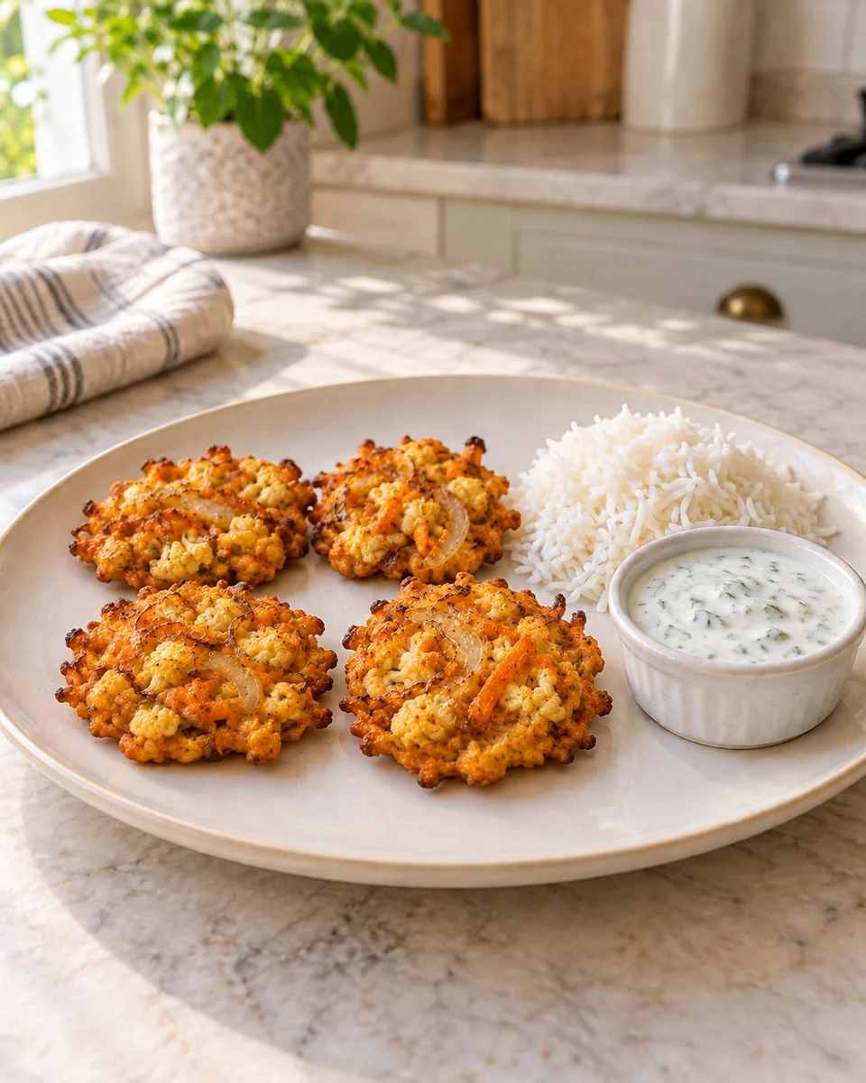 KI-generierte Rezeptdarstellung: Vier goldbraune Gemüse-Pakora mit weißem Basmati-Reis und Joghurt-Minz-Dip.