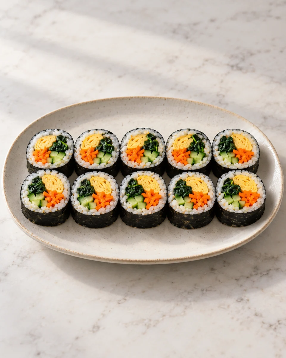 KI-generierte Rezeptdarstellung: Gimbap-Scheiben mit weißem Reis, Ei, Karotte, Spinat und Gurke in einer dünnen Nori-Hülle.