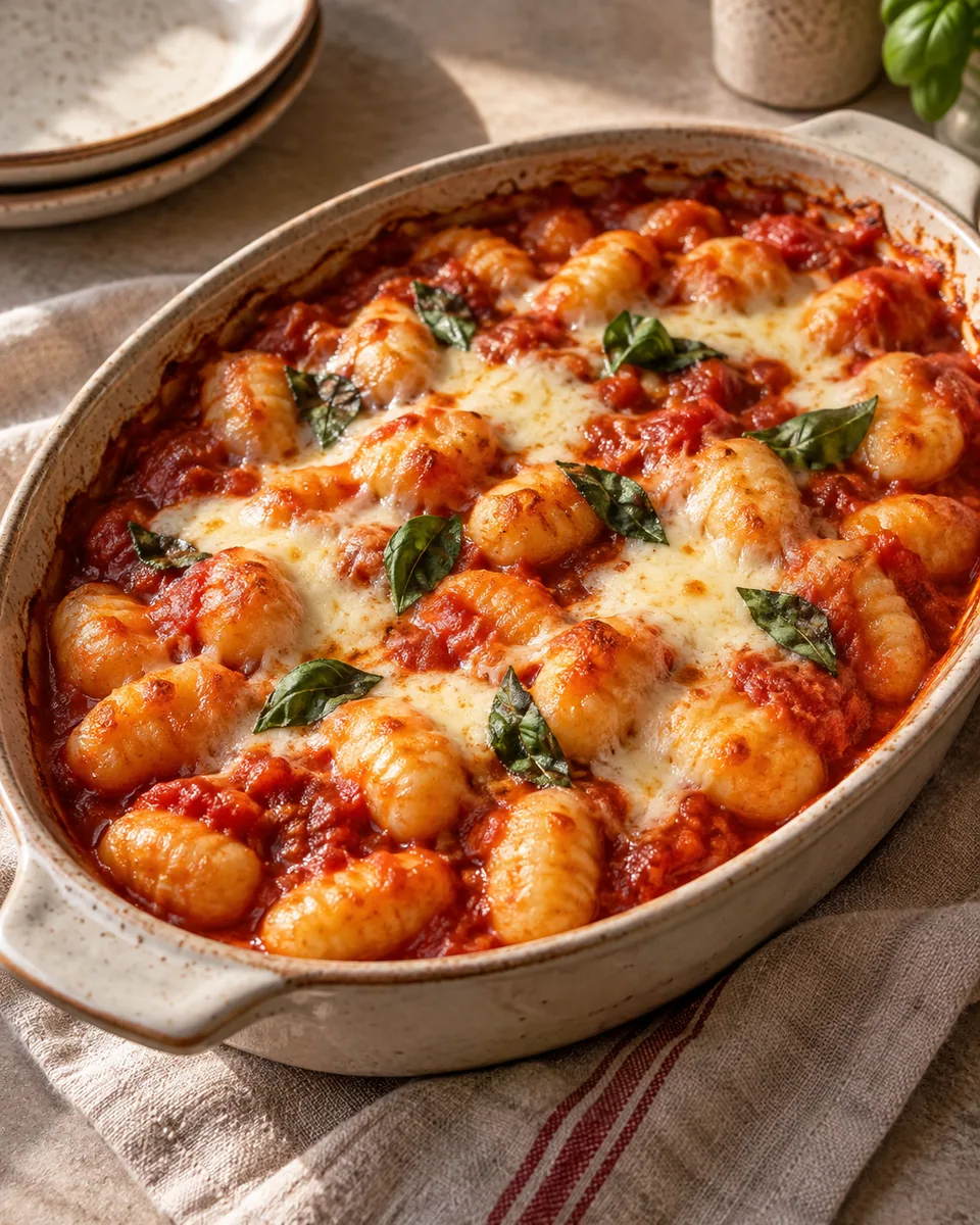 Gnocchi in Tomatensauce mit geschmolzenem Mozzarella und Basilikum