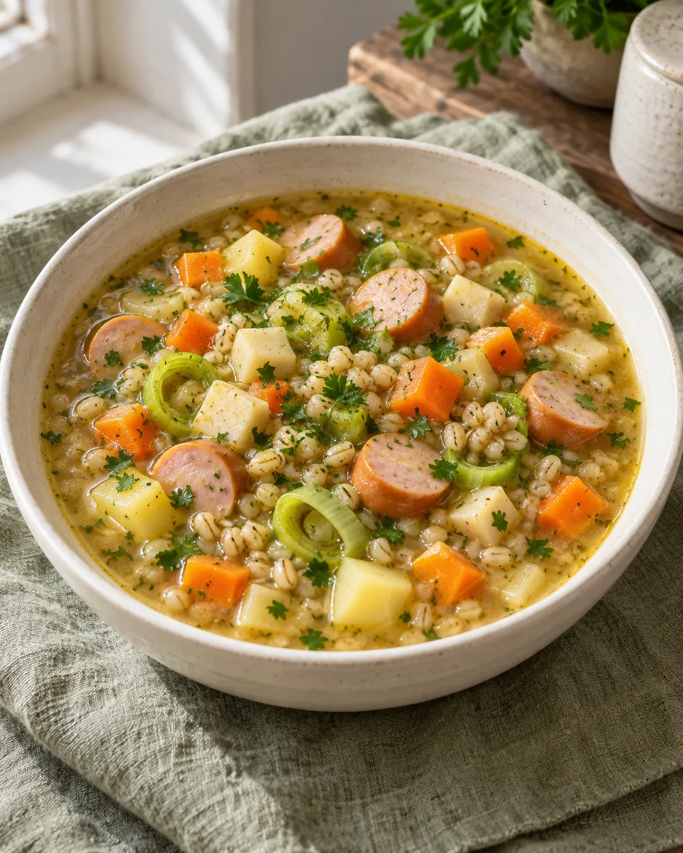 Graupensuppe mit Gemüse und Wiener Würstchen – KI-generierte Rezeptillustration