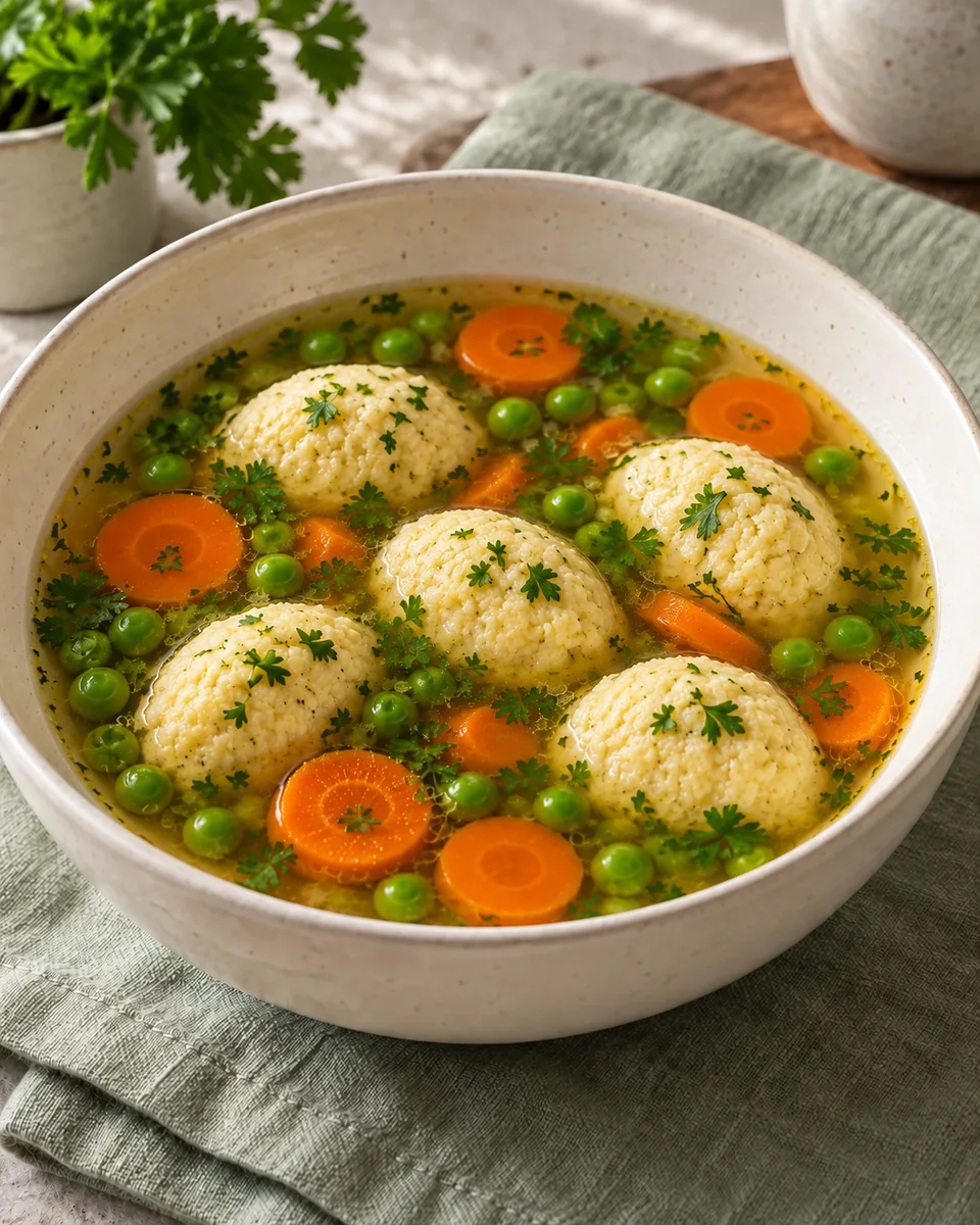 Grießklößchensuppe mit Möhren und Erbsen – KI-generierte Rezeptillustration