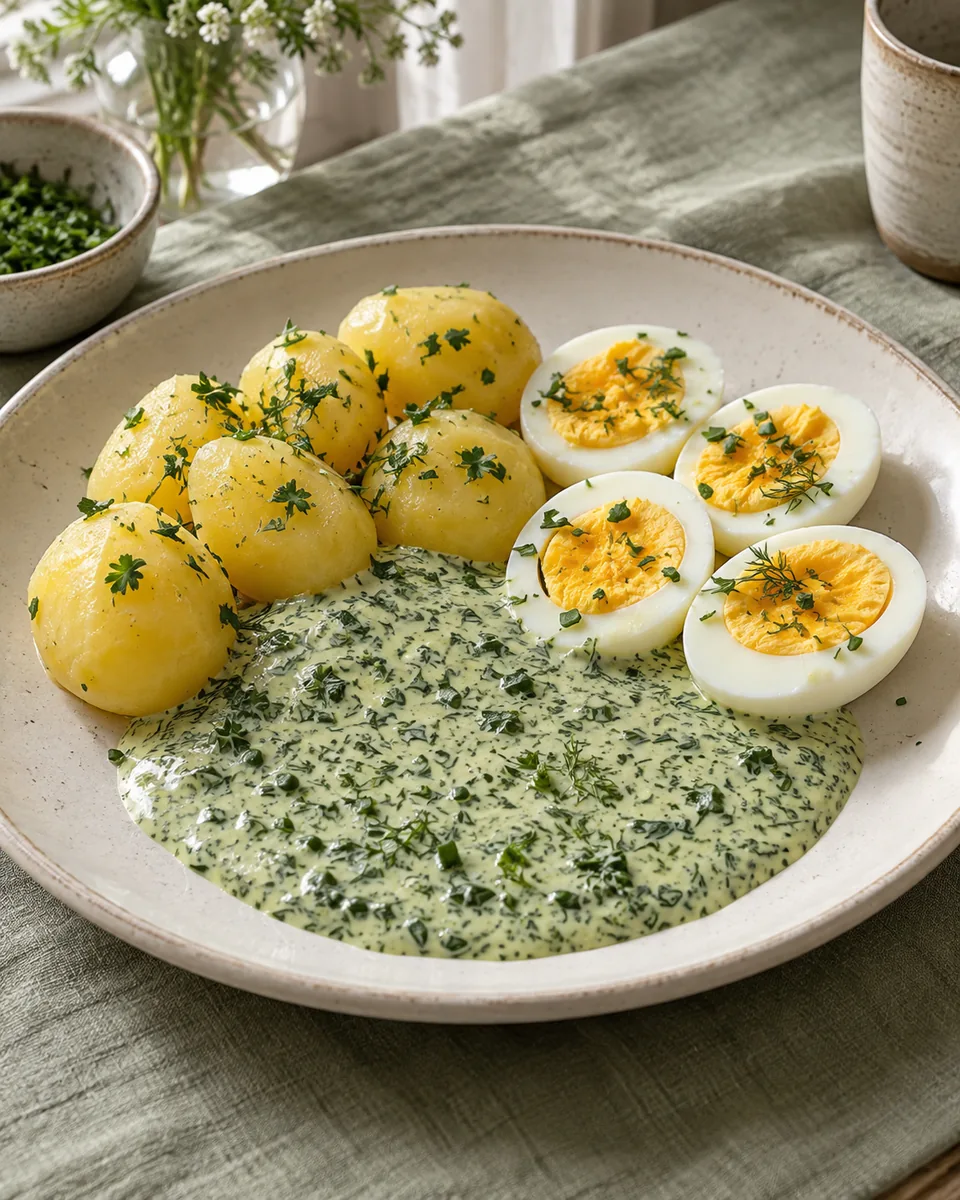 Grüne Sauce mit Eiern und Kartoffeln – KI-generierte Rezeptillustration
