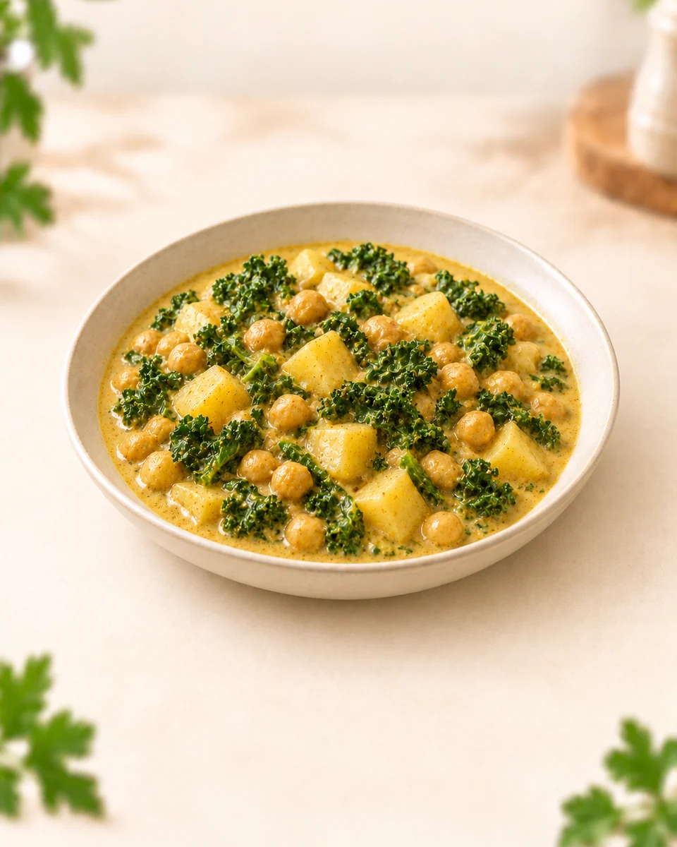 KI-generierte Darstellung: Kartoffelwürfel und Kichererbsen mit weich geschmortem Grünkohl in heller Curry-Joghurt-Sauce