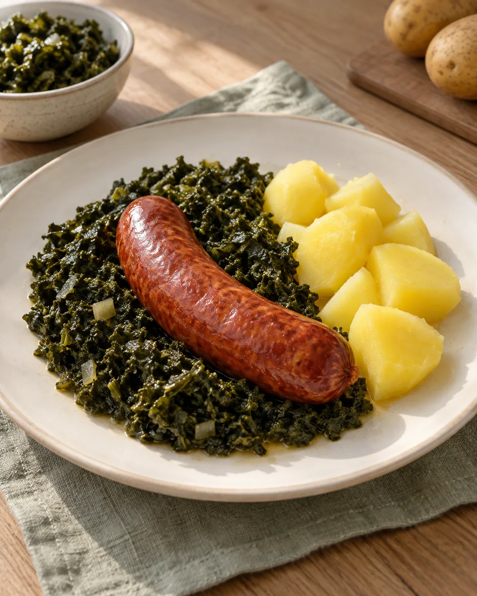 Grünkohl mit Mettenden und Kartoffeln – KI-generierte Rezeptillustration