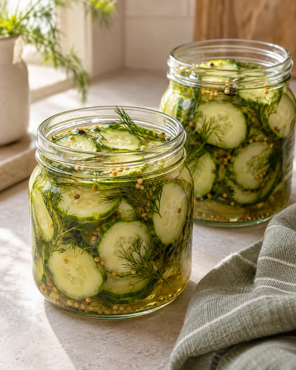 Gurken einlegen: schnelle Kühlschrank-Essiggurken – appetitlich angerichtete Rezeptillustration