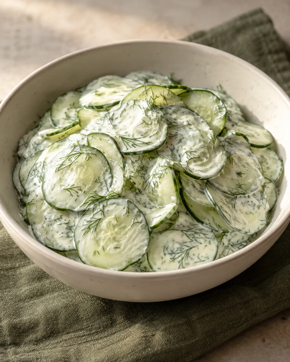 Dünne Gurkenscheiben in hellem Dill-Sahne-Dressing