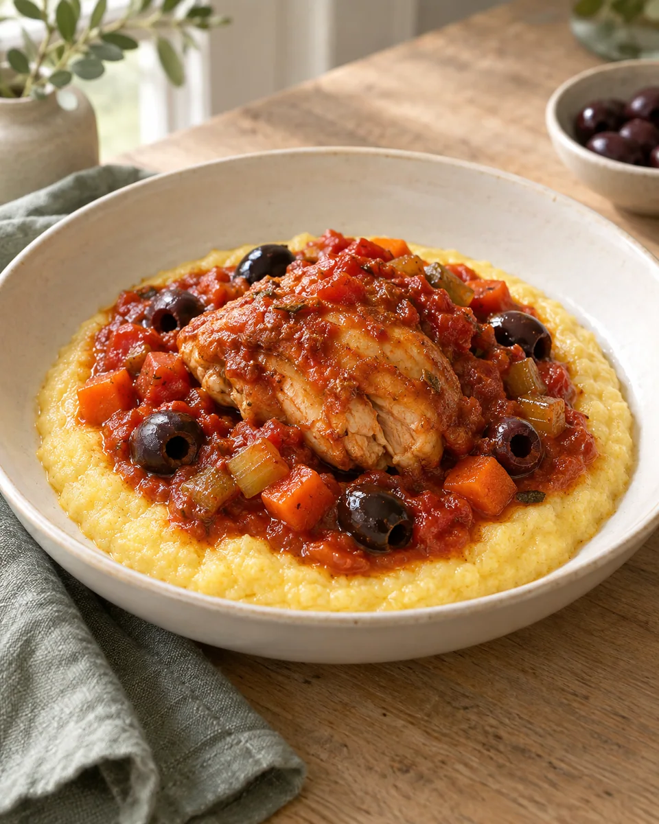 Hähnchen Cacciatore mit Polenta – KI-generierte Rezeptillustration