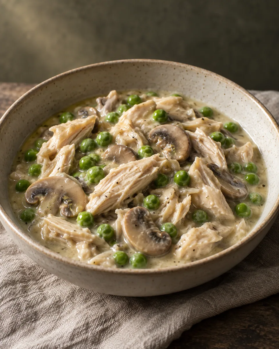 Hühnerfrikassee mit weißen Fleischstücken, grünen Erbsen und Champignons in heller Sauce
