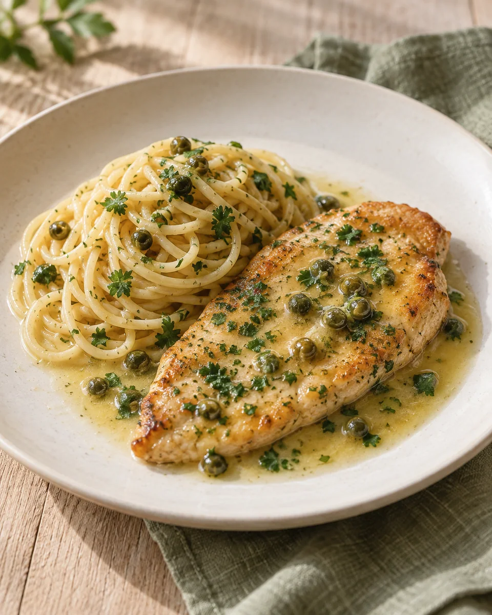 Hähnchen-Piccata mit Zitronen-Kapern-Sauce und Nudeln – KI-generierte Rezeptillustration
