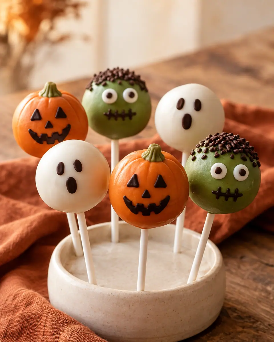 Orange Kürbis-Cake-Pops, weiße Geister und grüne Monster mit Schokohaaren an weißen Stielen