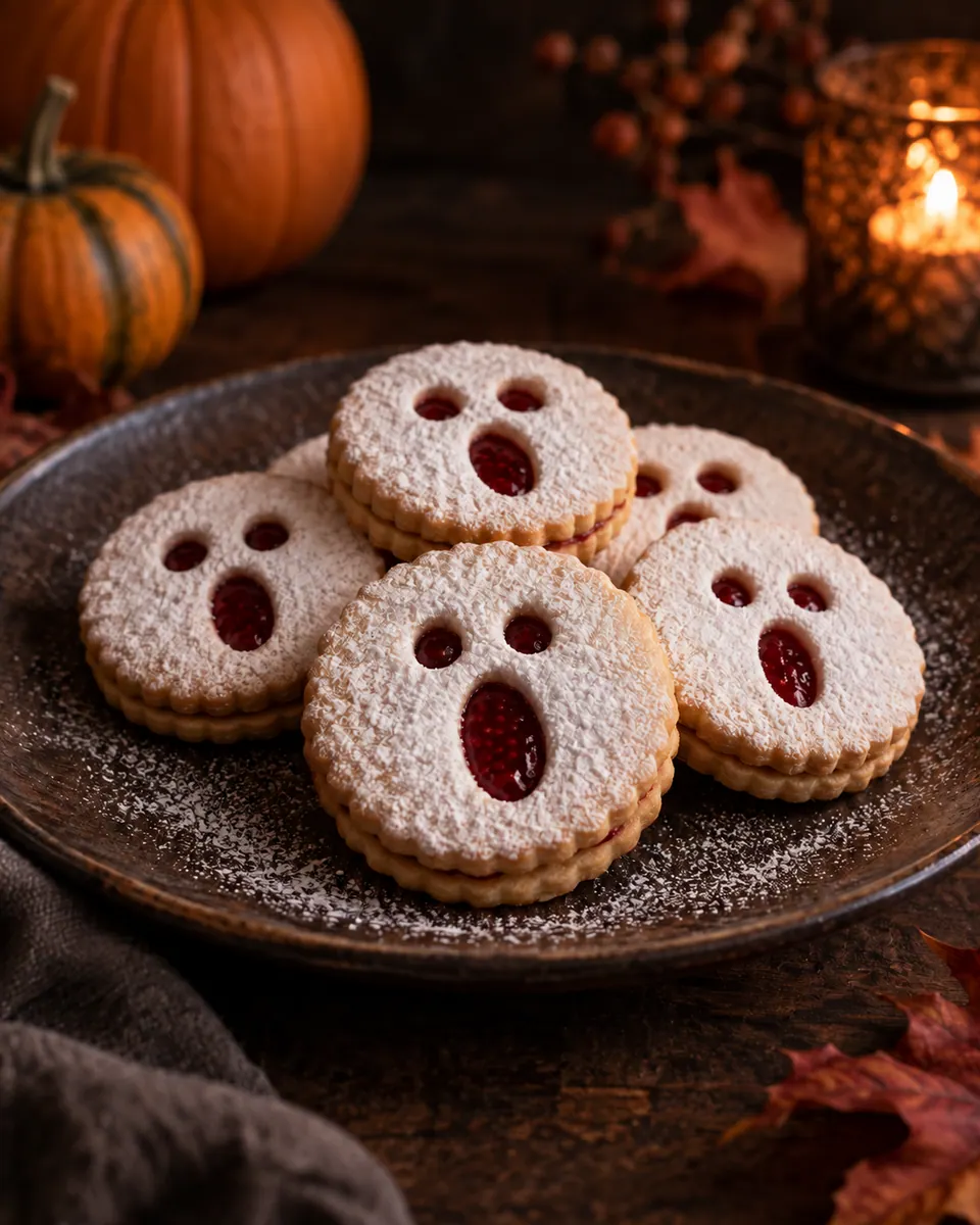Runde Linzer-Doppelkekse mit weißem Puderzucker und roten Himbeeraugen und -mündern