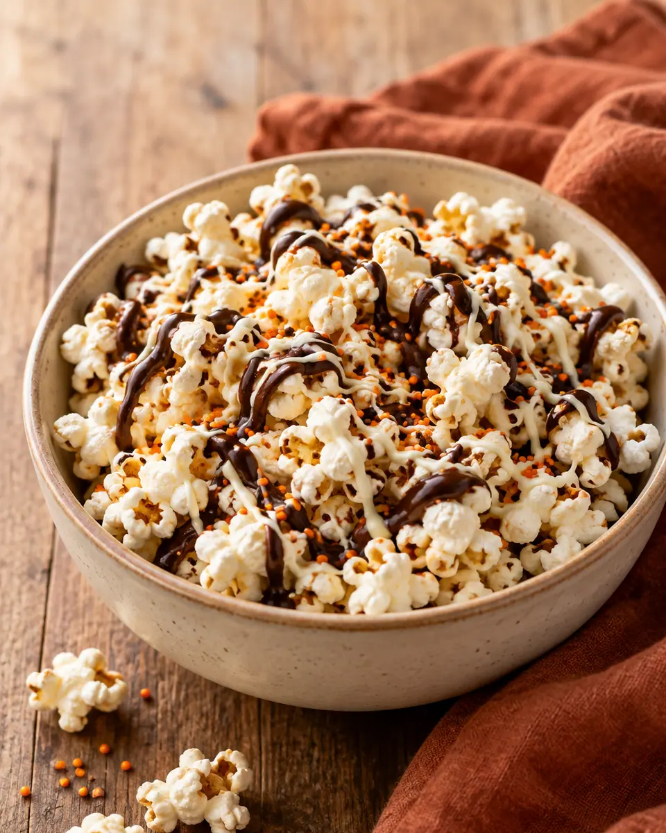 Popcorn mit weißen und dunklen Schokostreifen sowie kleinen orangefarbenen Zuckerstreuseln