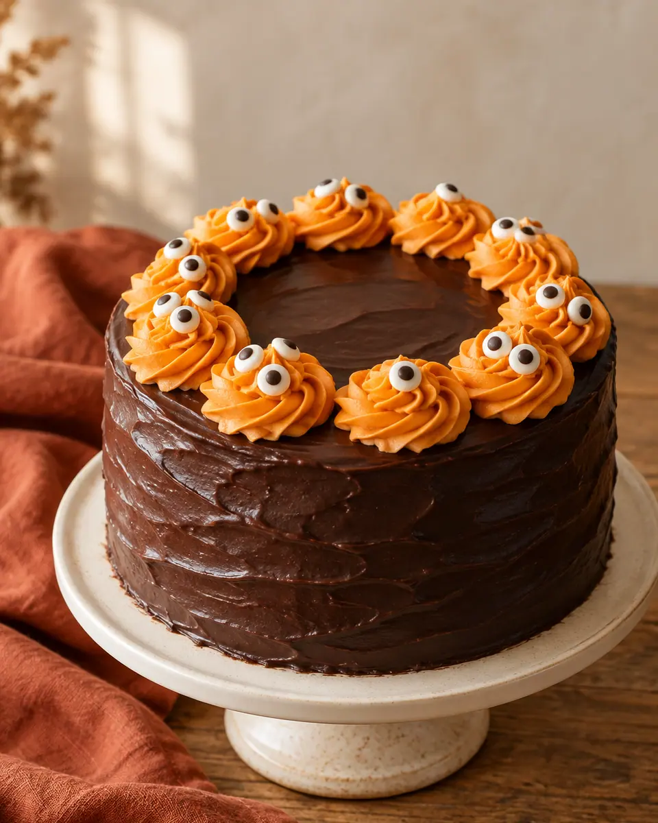 Runde dunkle Schokotorte mit Ganacheüberzug und orangen Buttercremerosetten mit Zuckeraugen