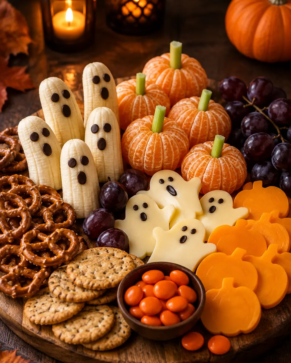 Halloween-Platte mit Bananengeistern, Mandarinenkürbissen, Käsefiguren, Crackern, Trauben, Brezeln und einer kleinen Naschschale