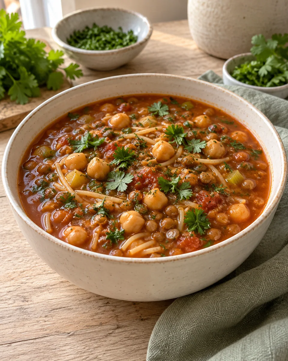 Harira mit Linsen, Kichererbsen und Nudeln – KI-generierte Rezeptillustration
